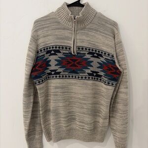 Carbon Beige and Red Geometric Zip-Up Sweater